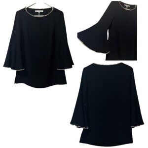 Trina Turk Womens Small Black Bell Sleeve Blouse Crystal Rhinestone Embellished